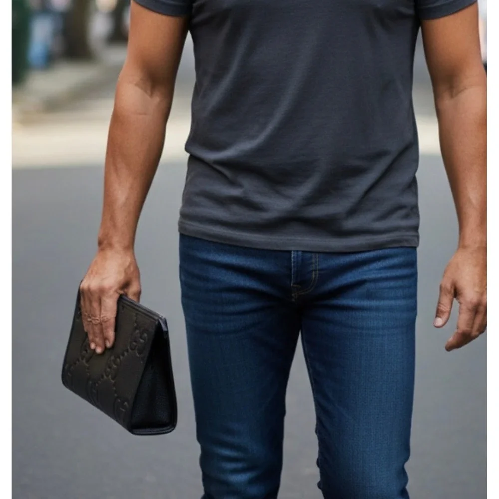 Gucci Jumbo GG‎ Black Grained Leather Pouch Men's 739490